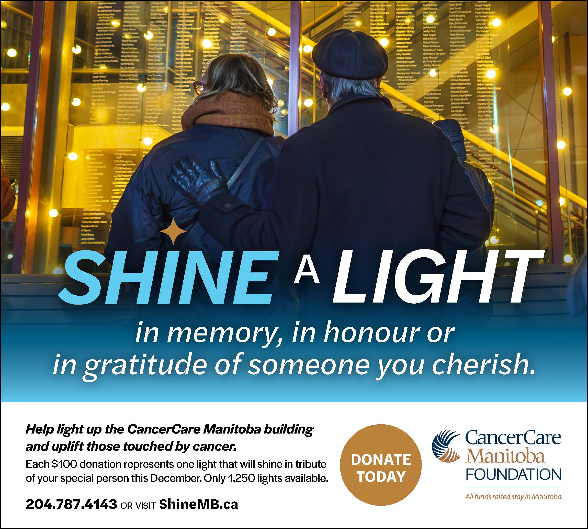 A couple looks at an illuminated window with lights. The image promotes CancerCare Manitoba Foundation's Shine a Light campaign, encouraging donations for honouring or remembering loved ones. (c) CancerCare Manitoba