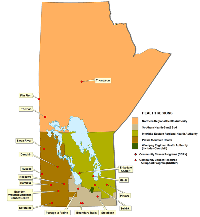 Map of Community Cancer Program's in Manitoba (c) CCMB